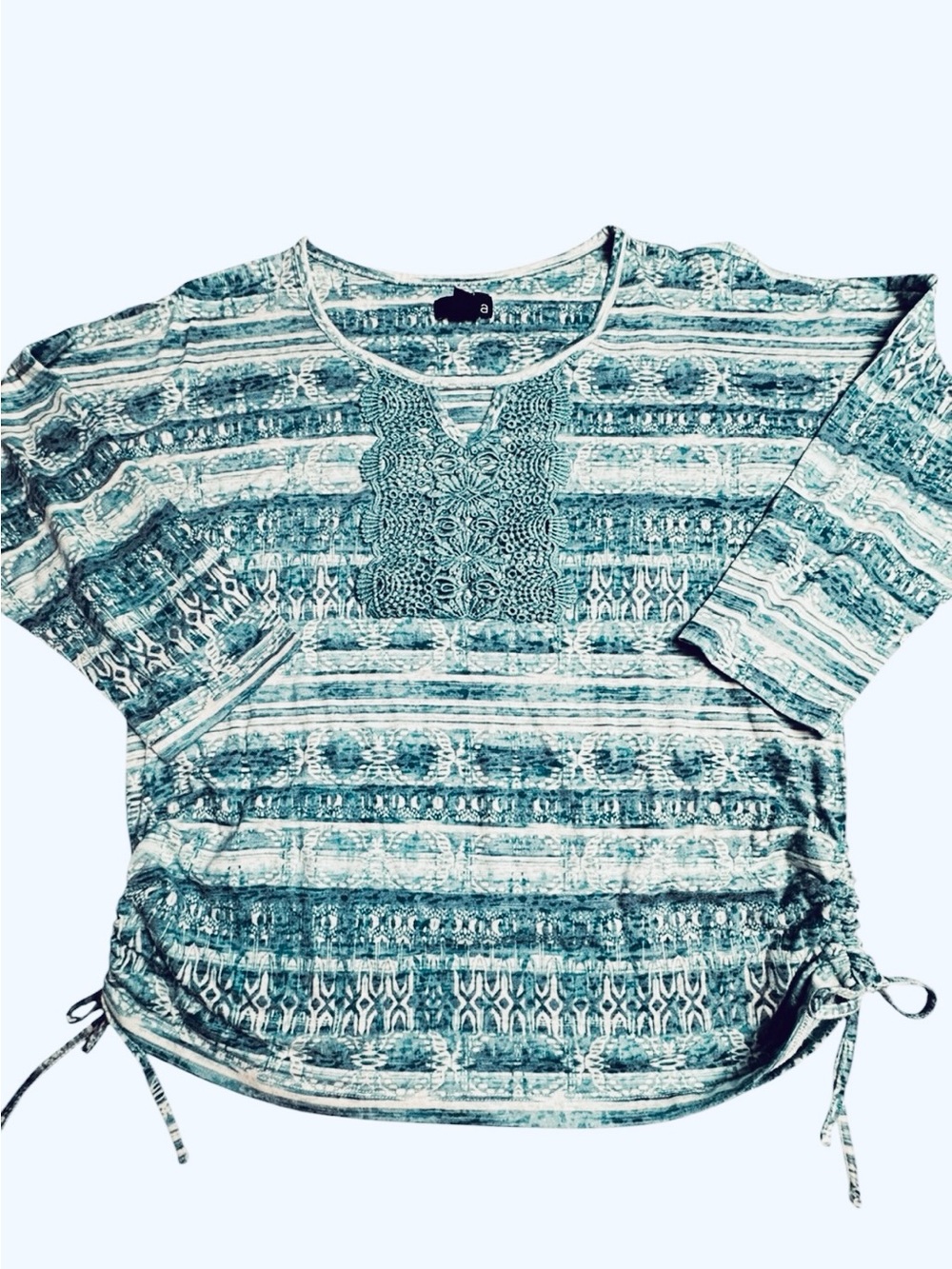 Erika Large Teal Embellished Paisley Ruched Side Short Sleeve Top